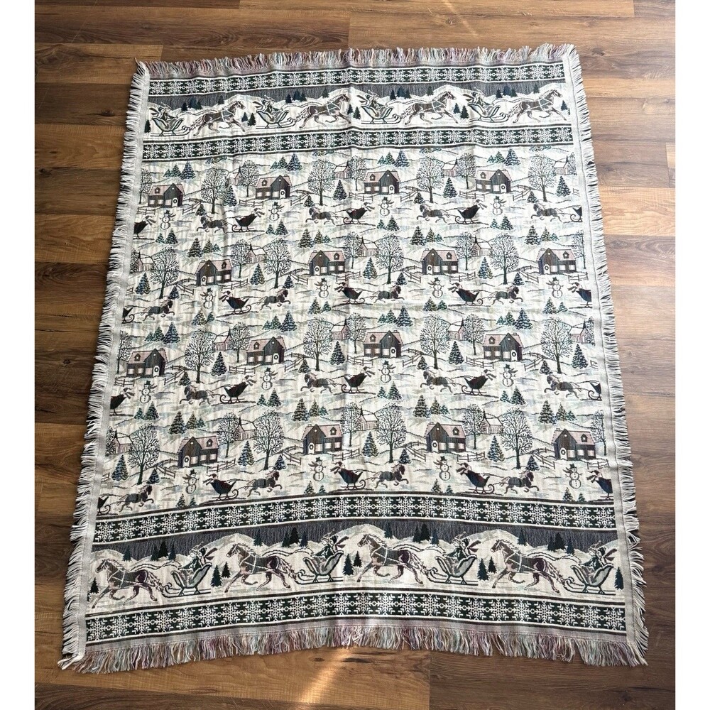 Winter Village Horse tapestry throw Coming Home 100% cotton 67"× 54" Blanket VTG